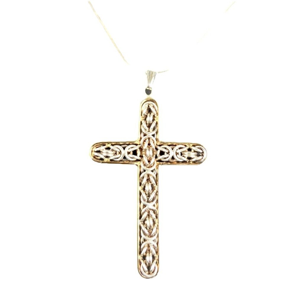 Vintage 925 Sterling & Vermeil 2" Chain Mail Cross Pendant on 18" Sterling Chain